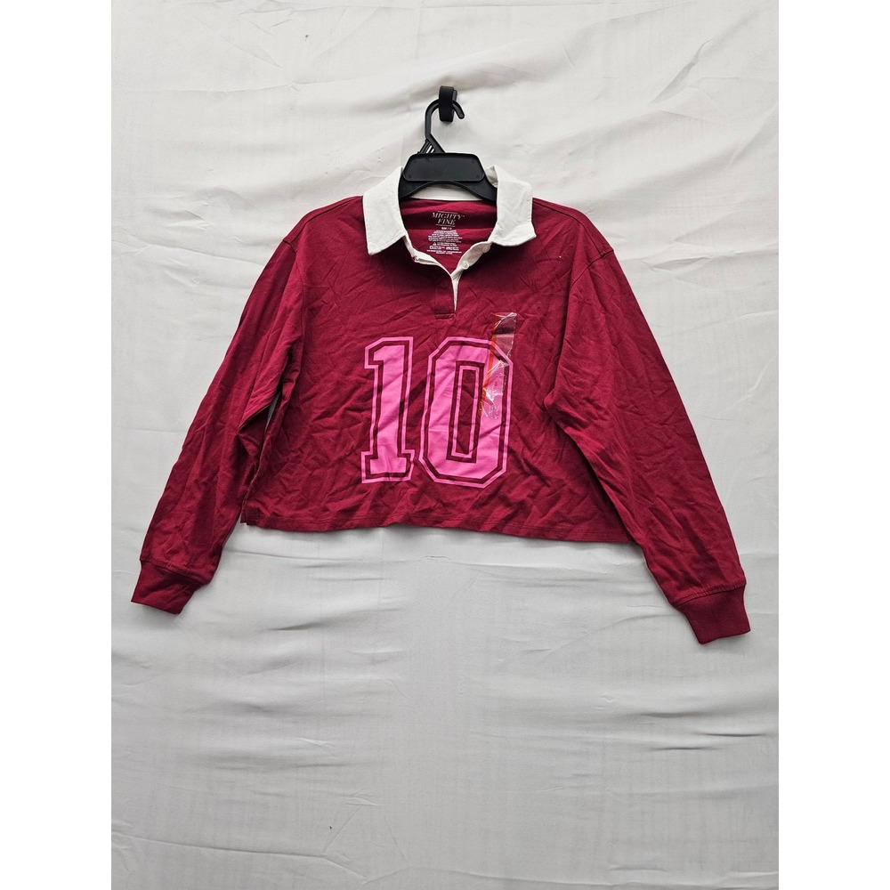 Mighty Fine Womens Cropped Rugby Graphic Shirt Red Cotton Casual Size Small